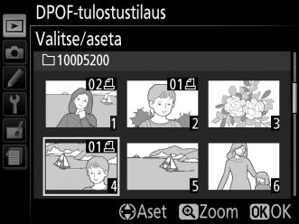 DPOF-tulostustilauksen luominen: tulostuksen asetus Toistovalikon DPOF-tulostustilaus-toiminnolla voi luoda digitaalisia tulostustilauksia PictBridge-yhteensopiville tulostimille ja laitteille,