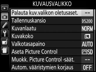 C Kuvausvalikko: kuvausasetukset Näytä kuvausvalikko painamalla G ja valitsemalla C (kuvausvalikko) -välilehti.