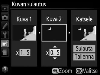 3 Valitse toinen kuva. Valittu kuva tulee näkyviin kohtaan Kuva 1. Korosta Kuva 2, paina J ja valitse toinen valokuva vaiheen 2 ohjeiden mukaisesti. 4 Säädä herkkyys.