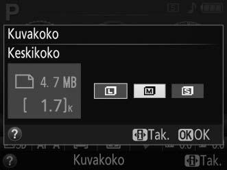 Kuvakoko Valitse JPEG-kuvien koko: Kuvakoko Koko (kuvapisteinä) Tulostuskoko (cm) * # Large 6 000 4 000 50,8 33,9 $ Medium 4 496 3 000 38,1 25,4 % Small 2 992 2 000 25,3 16,9 * Arvioitu koko