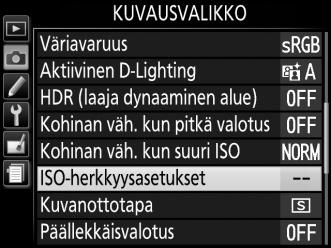 A Automaattinen Jos tilanvalitsin kierretään asentoon P, S, A tai M sen jälkeen kun Automaattinen on valittu ISOherkkyydeksi jossain muussa tilassa, ISO-herkkyydeksi palautetaan P-, S-, A- tai