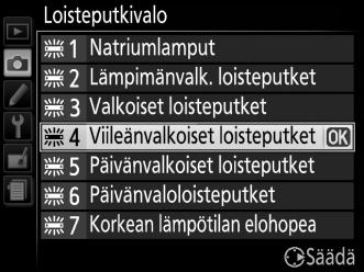 A Kuvausvalikko Valkotasapainon voi valita kuvausvalikon kohdassa Valkotasapaino (0 150), jossa voi myös hienosäätää valkotasapainoa (0 78) tai mitata valkotasapainon esiasetusarvon (0 79).