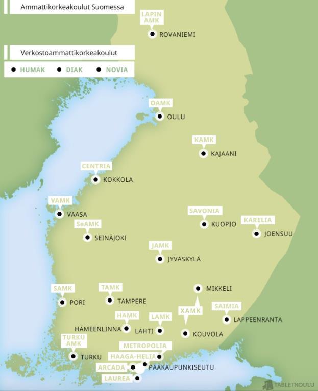 Ammattikorkeakoulut Suomessa on 25 ammattikorkeakoulua Suomessa on kolme ruotsinkielistä ammattikorkeakoulua Lähes