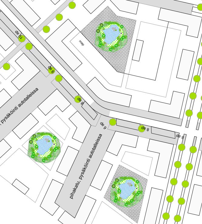 Kuva 12. Sadepuutarhan tyyppikuva paikalliseen hulevesien hallintaan. Alueen luonteen johdosta katualueiden kuivatus hoidetaan hulevesiviemäröinnillä.