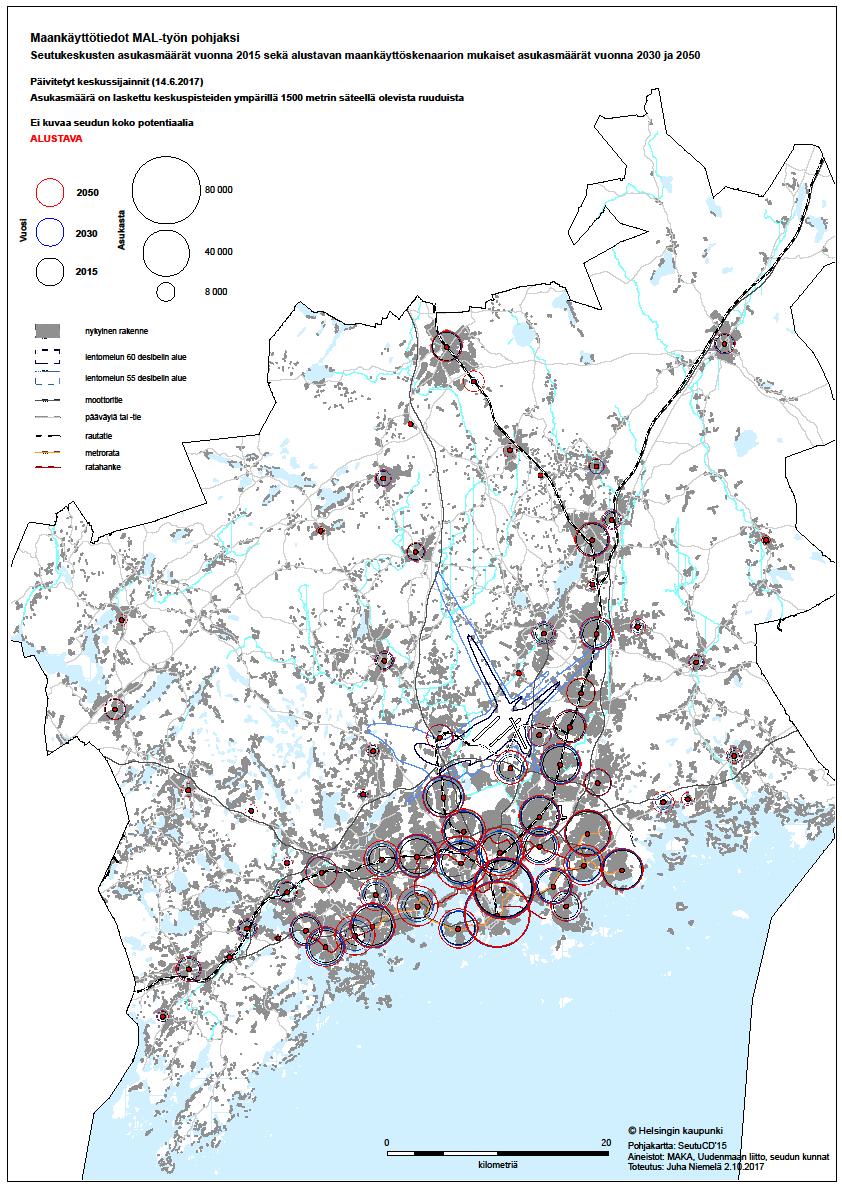 Seudun keskukset Maankäyttötiedot MAL-työn pohjaksi Seudun keskuksien asukasmäärät vuonna 2015 sekä alustavan maankäyttöskenaarion mukaiset