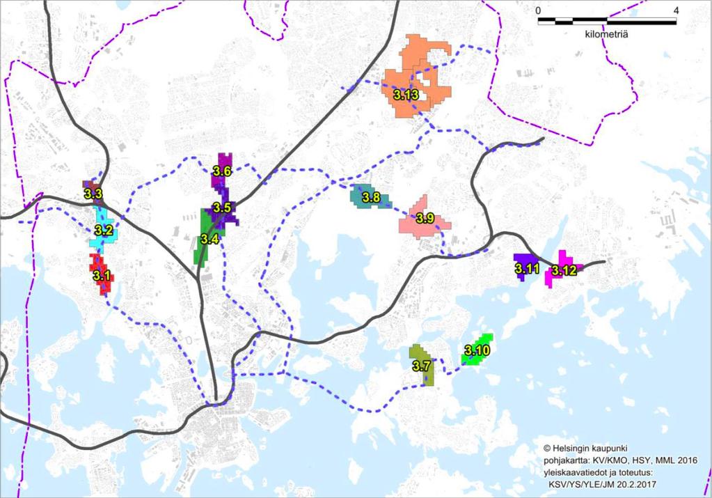 Helsinki: Lähiaikoina toteutettavia yleiskaavakohteita (numerot) ja niihin kytkeytyviä pikaraitioteiden