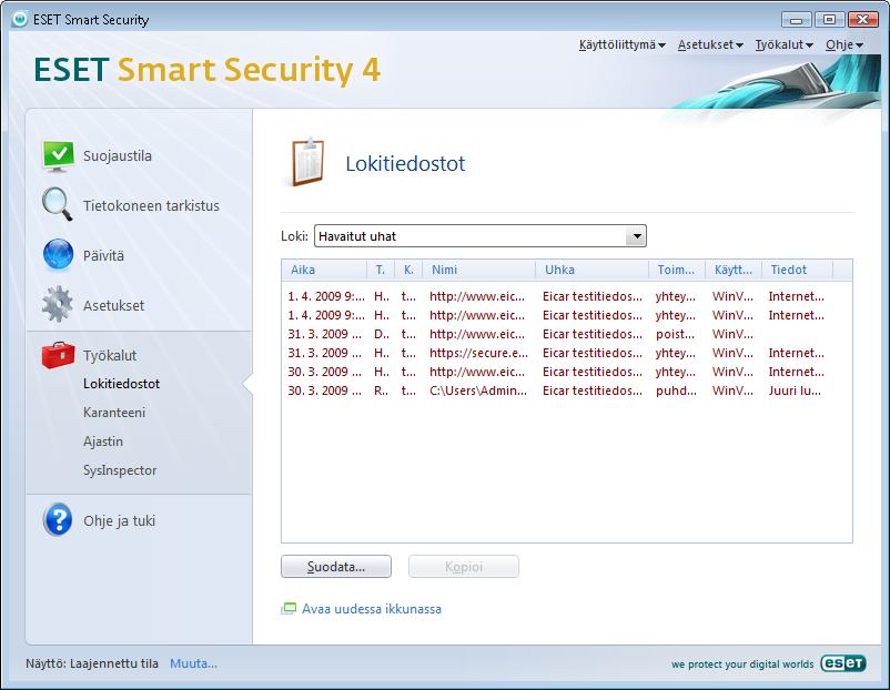 Jos haluat valita useita merkintöjä, käytä Ctrl- ja Vaihto-näppäimiä. 4.7.1 Lokin ylläpito ESET Smart Securityn lokiasetukset voidaan avata pääohjelmanäytöstä.