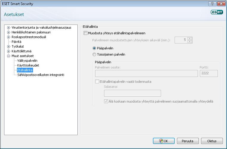 Etähallinnan valintaikkuna voidaan avata ESET Smart Security -ohjelman päänäytöstä. Valitse Asetukset > Avaa koko lisäasetuspuu > Muut asetukset > Etähallinta. 4.9.
