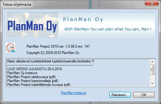 PlanMan Project 2011 päivitys ja uudet ominaisuudet Päivitys uuteen versioon 1.0.103.