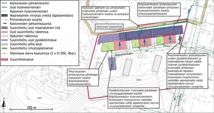 Mperään imeyymäön vesi johden lopul hulevesiviemäröinnin vull Riipuksenkdun hulevesiviemäriin. uvss on iiviseysi esiey VE mukise rkisuperiee. Liiekrss on rkenneusi hvinnolliseu VE mukisi hllinrkisuj.