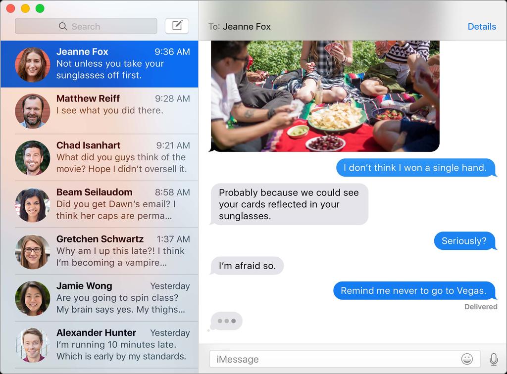 ipod touch. imessagella voit jopa aloittaa keskustelun ios-laitteella ja jatkaa sitä MacBookillasi. Voit helposti aloittaa ja hallita ryhmäkeskusteluja sekä lisätä niihin otsikoita ja uusia jäseniä.