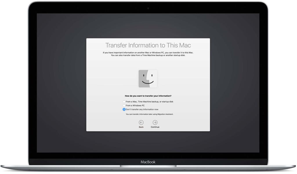 Aloittaminen 3 Alkutoimet Kun laitat MacBookin päälle ensimmäisen kerran, Käyttöönottoapuri opastaa sinut uuden Macisi käyttöön tarvittavien yksinkertaisten vaiheiden läpi.