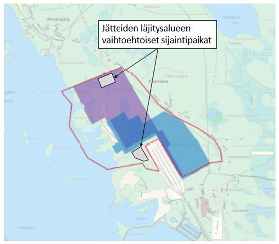 Jätteiden ja sivutuotteiden käsittelyn ja loppusijoituksen vaikutukset Eteläisempi läjitysalueen sijoituspaikkavaihtoehto puuterminaalin länsipuolella on kauempana Pahkakummuntien varrella