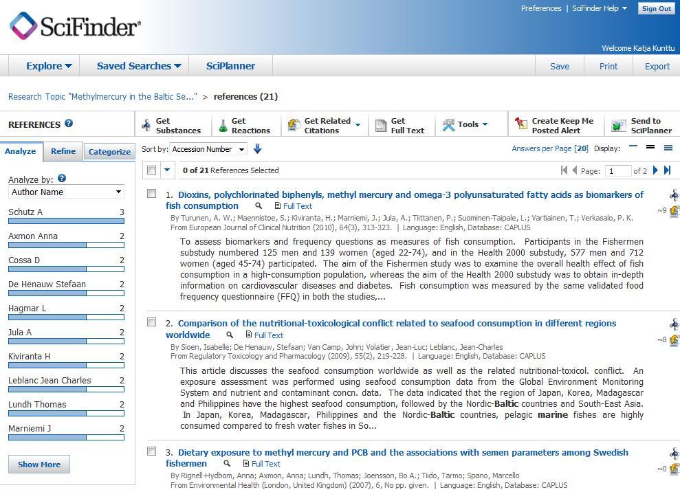 Categorizetoiminnolla SciFinder järjestää viitteet erilaisiin kategorioihin Käytä leivänmuruja liikkuessasi hauissasi eteen- ja taaksepäin Tuplien poisto Analyysivalikossa voit tarkastella