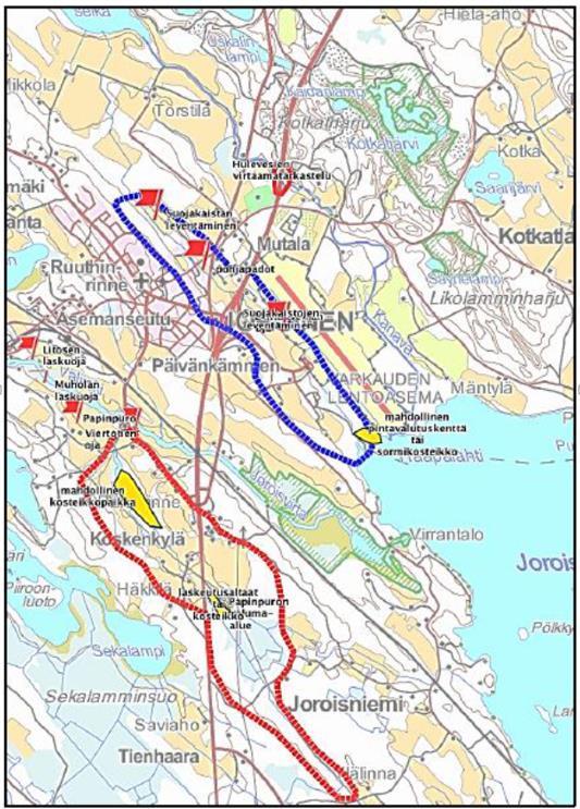 Yleissuunnitelman pohjalta Joroisvirran ja Joroisselän lähialueen kosteikkosuunnitteluun valitut kohteet, Papinpuron alue (punainen rajaus) ja lentokentän puron alue (sininen