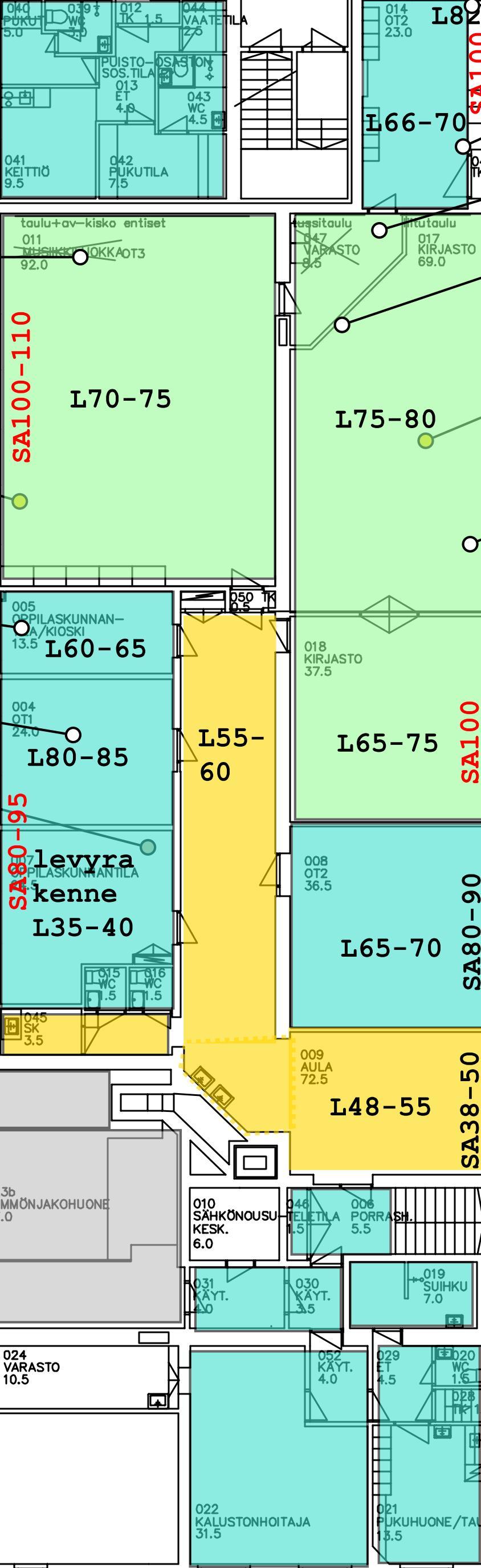 ja mittarin numero L70-75 = lattian pintakosteuslukema S70-75 = seinän pintakosteudenlukema SA70-75 = seinän alaosan pintakosteuslukema PA70-75 = pilarin alaosan pintakosteuslukema (musta / vihreä =