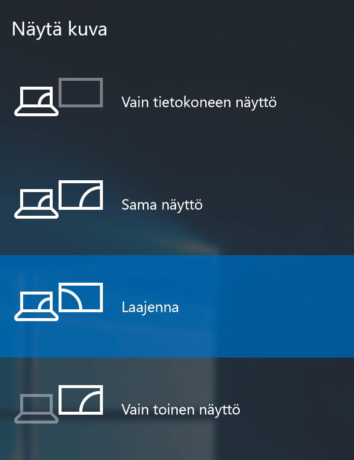 Tehdäksesi tämän paina Windows + P ja valitse Laajenna 3,5mm-RCA-kaapeli HDMI-kaapeli (jos