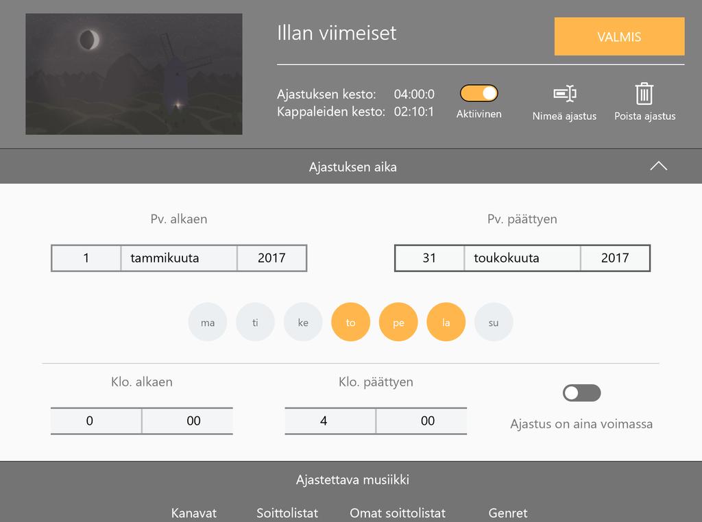 6 Musiikin ajastaminen Uuden ajastuksen luominen Voit luoda uuden ajastuksen rullaamalla alas aloitusnäytöllä. Ajastuksia voi luoda rajattomasti ja kaikki ovat muokattavissa jälkeenpäin.