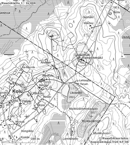 Hangonmäen tila sijaitsee Kolunsaran tilan koillispuolella korkealla mäellä (220 m), jonka ympärillä oli 7,5 ha