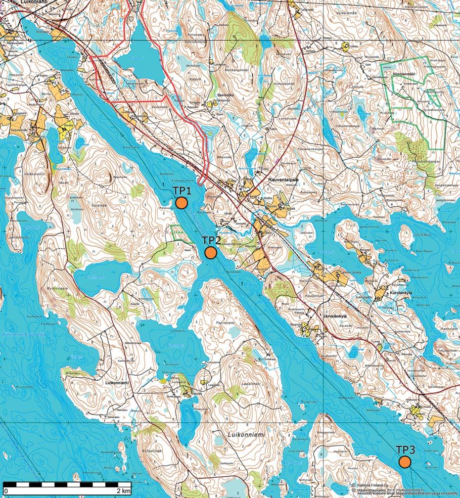 Kuva 9-5 Arvioinnissa käytetyt veden laadun tarkastelupisteet (TP1-TP3)