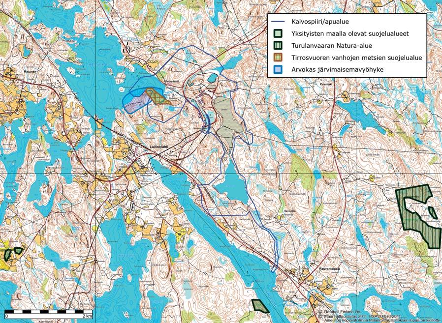 Kuva 9-6 Hankealueen lähimmät luonnonsuojelualueet ja muut arvokkaat luontokohteet.