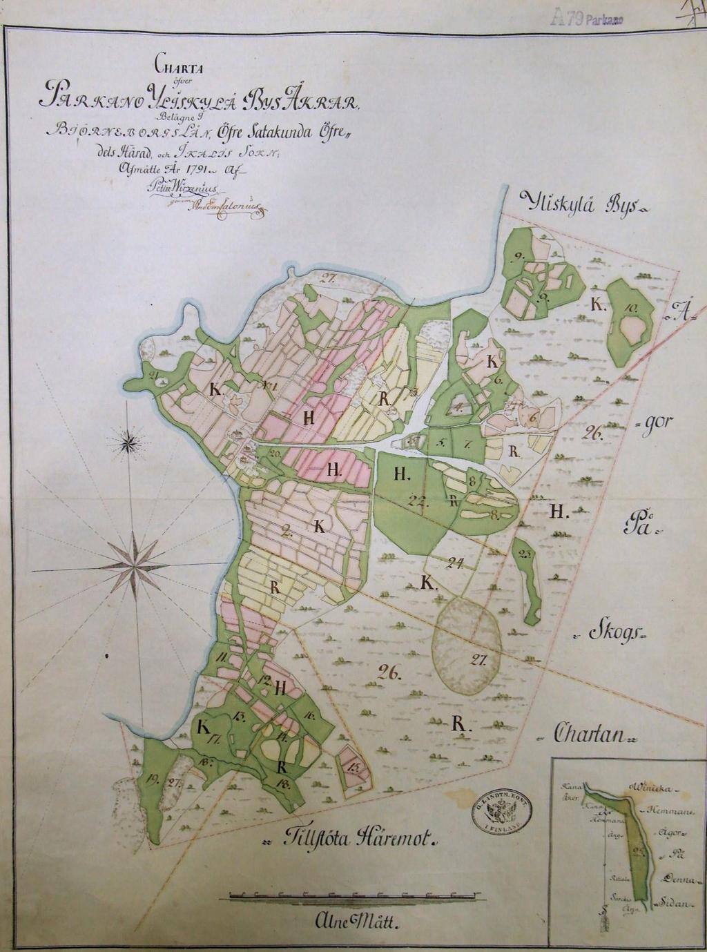 Yliskylän rintamaat 1791 (A71-11-2). Kylätontin (vas.