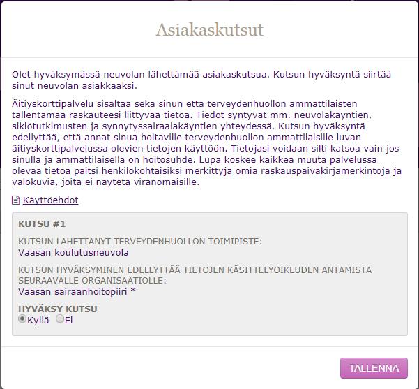 Lähetetyt asiakaskutsut näkyvät asiakaslistalla ASIAKASKUTSUT -painikkeella.