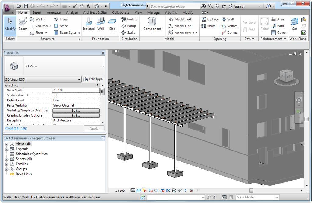 28 Autodesk Revit Structure Autodesk Revit Structure (kuva 4) on rakennesuunnitteluun kehitetty tietomallinnusohjelmisto, joka sisältää työkalut rakennuksen rakenteiden suunnitteluun ja analysointiin.