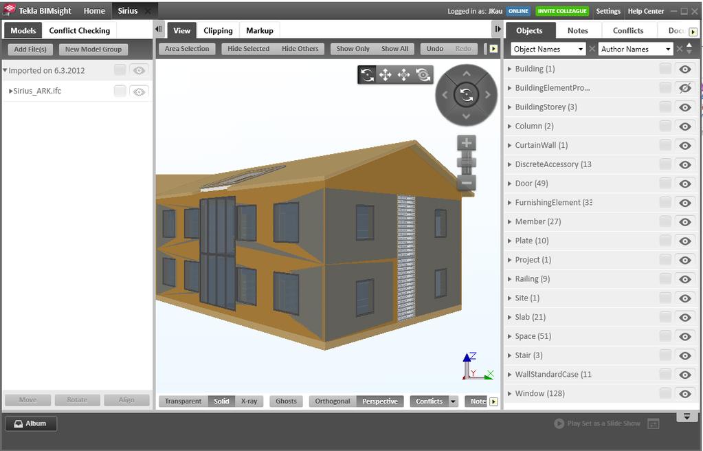 30 Tekla BIMsight Tekla BIMsight (kuva 6) on tietomallien tarkasteluun kehitetty yksinkertainen tietomallisovellus, joka on ilmainen ja sen vuoksi kaikkien käyttöön saatavilla.