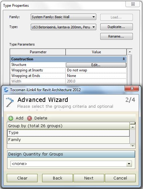 40 ilink ja Revit Architecture / Structure 2012 Kaikkien Revit Architecture ja Structure -ohjelmissa mallinnettujen objektien tyyppitieto löytyi aina samasta paikasta, Type-kentästä.