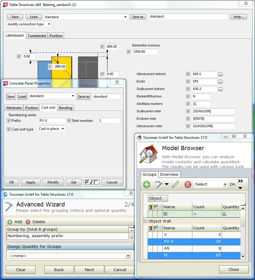41 ilink ja Tekla Structure 17 Tekla Structures -ohjelmassa objektien ryhmittely tehtiin Numbering, assembly prefix -ryhmittelyperusteen mukaan, joka lähes kaikissa tapauksissa haki tiedon objektin