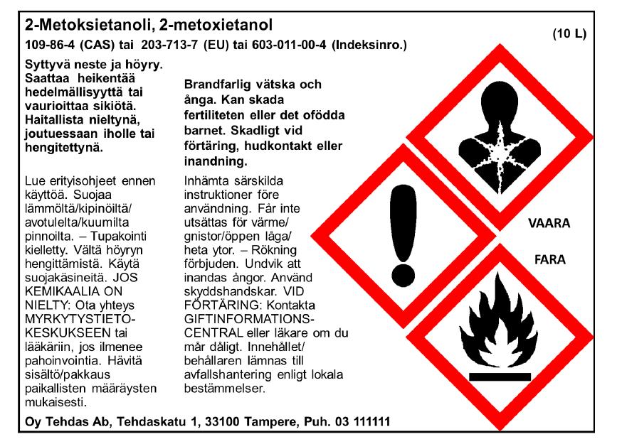 CLP-asetuksen vaaraviestintäelementit VAROITUSMERKIT GHS:n mukaiset HUOMIOSANAT Vaara, vakavammat vaikutukset Varitus, lievemmät vaikutukset VAARA- JA TURVALAUSEKKEET H(azard)- ja P(recautinary)-
