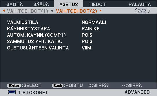 5. Näyttövalikon käyttäminen [VAIHTOEHDOT(2)] Virransäästötilan valitseminen, kun käytössä on [VALMIUSTILA] Tässä projektorissa on kaksi valmiustilaa: [NORMAALI] ja [VIRRANSÄÄSTÖ].