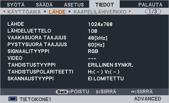 5. Näyttövalikon käyttäminen [LÄHDE] [LÄHDE] [VAAKASUORA TAAJUUS] [SIGNAALITYYPPI] [TAHDISTUSTYYPPI] [SKANNAUSTYYPPI] [LÄHDELUETTELO] [PYSTYSUORA TAAJUUS] [VIDEO] [TAHDISTUSPOLARITEETTI]