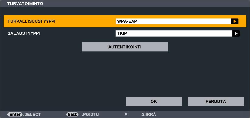 WPA-PSK, WPA2-PSK, WPA-EAP ja WPA2-EAP eivät ole käytettävissä, kun [ADHOC ( )] on valittuna. 6. Valitse [TURVATOIMINTO]-välilehti. [TURVATOIMINTO]-sivu tulee näkyviin. 7.