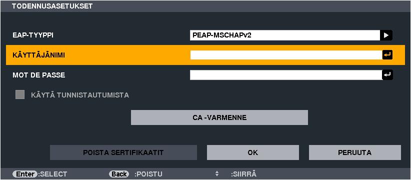 5. Näyttövalikon käyttäminen 15. Kun olet määrittänyt käyttäjänimen, valitse [PASSWORD] (SALASANA) -kenttä ja paina Enter-painiketta. Esiin tulee merkkiensyöttönäyttö (näyttönäppäimistö).