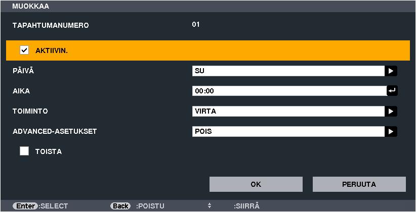 Valitse PROGRAM TIMER (OHJELMA-AJASTIN) -näytössä SELECT - tai -painikkeella [ASETUKSET] ja paina Enter-painiketta. PROGRAM LIST (OHJELMALUETTELO) -näyttö tulee esiin. 2.