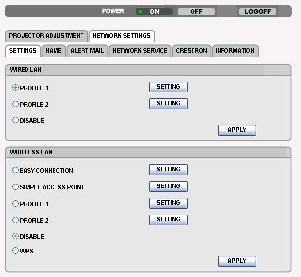 3. Käytännöllisiä toimintoja NETWORK SETTINGS ASETUKSET WIRED LAN tai WIRELESS LAN SETTING (ASETUS) APPLY (KÄYTÄ) DHCP ON (DHCP KÄYTÖSSÄ) DHCP OFF (DHCP POIS KÄYTÖSTÄ) IP ADDRESS SUBNET MASK GATEWAY