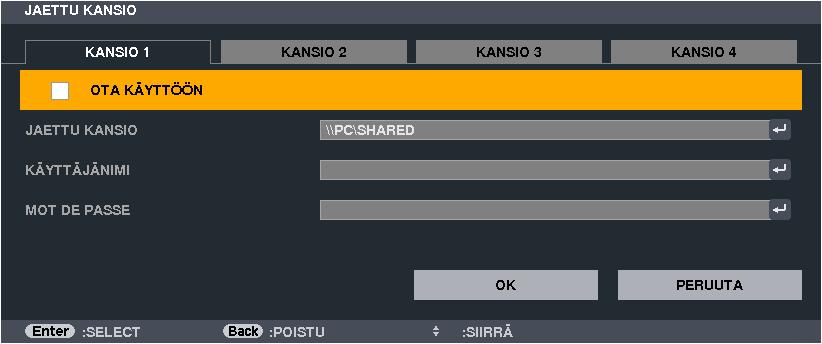 4. Viewer-toiminnon käyttäminen Jaetun kansion yhteyden poistaminen projektorista. Poista käytöstä sen jaetun kansion numero, johon haluat katkaista yhteyden.