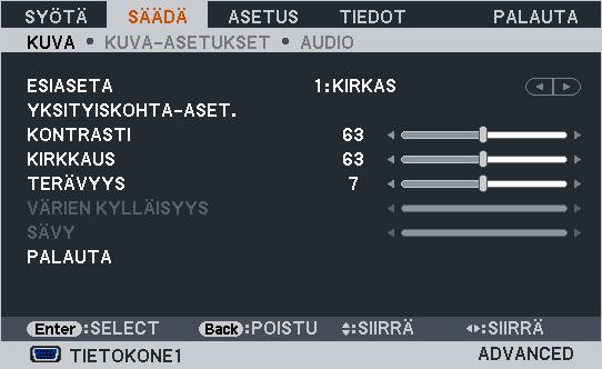 5. Näyttövalikon käyttäminen 2 Valikon osat Välilehti Liukusäädin Kolmio Käytettävissä olevat painikkeet Lähde Korostus Valintanappi Langattoman verkon kuvake EKOTILAN kuvake Korkean paikan kuvake