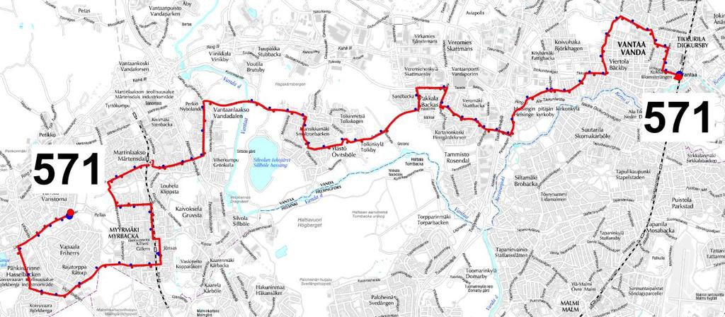 39 Kuva 38. Uuden linjan 571 reitti. Linjat V56 ja V572 Linja 56 muuttuu linjaksi 572, jonka reitti kulkee Pakkalassa lähempää kauppakeskus Jumboa.