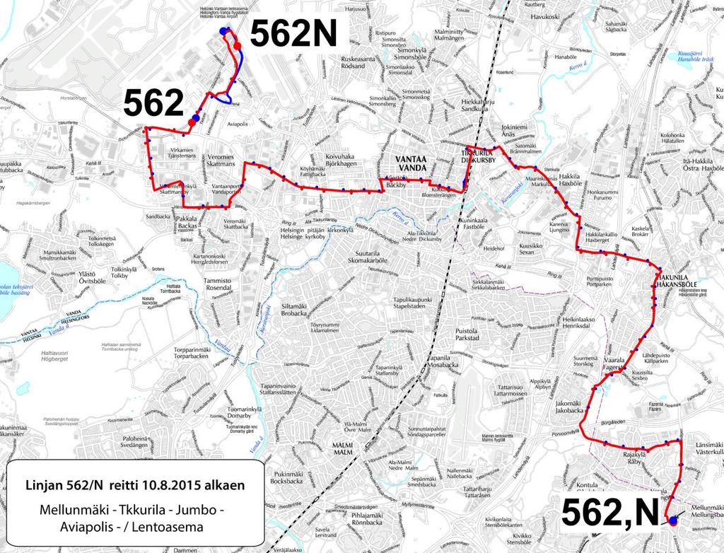 40 Kuva 40. Uuden linjan 562 reitti. Linjat V63, V77 ja V624 Linjat 63 ja 77 yhdistetään linjaksi 624 Tikkurila Ruskeasanta Ilola Leinelä Koivukylä Havukoski Päiväkumpu.