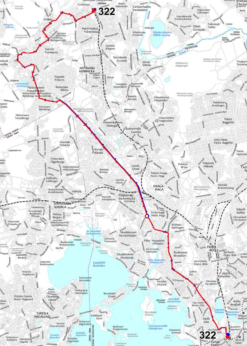 49 Linjat 300N, 322, 332, 360, 361, 362, 363 ja 364 Vihdintien seutulinjastoa selkeytetään yhdistämällä linjat 361 364 ja niiden kirjainversiot linjoiksi 322 Elielinaukio Pähkinärinne Hämeenkylä