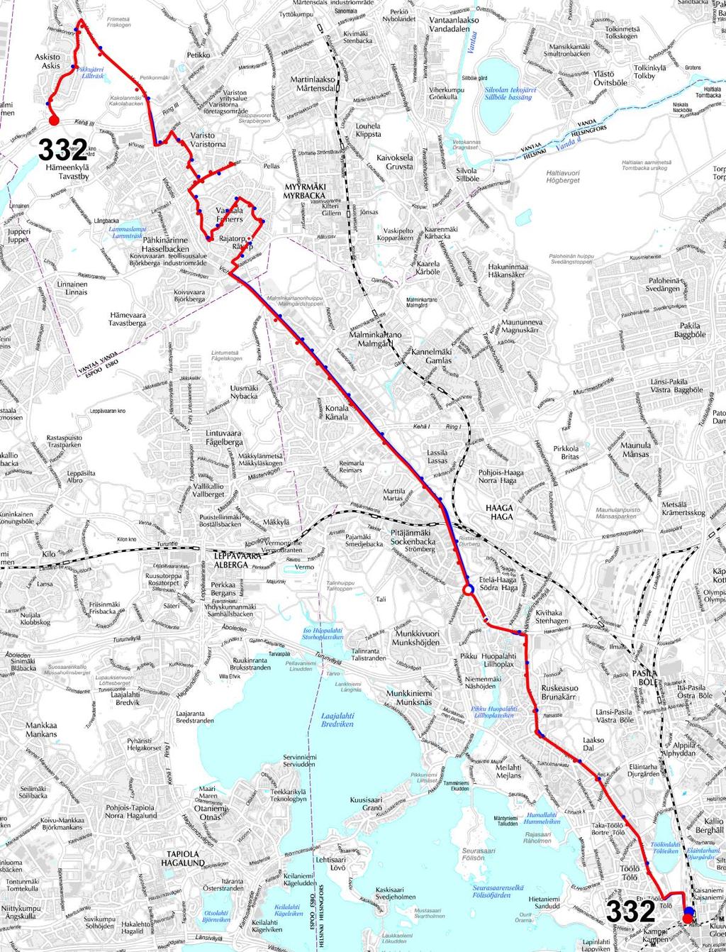 50 Kuva 51. Uuden linjan 332 reitti. Linjat 415 ja 451 Linjat 415 ja 451 yhdistetään uudeksi linjaksi 415 Elielinaukio Vantaanlaakso Ylästö Aviapolis.