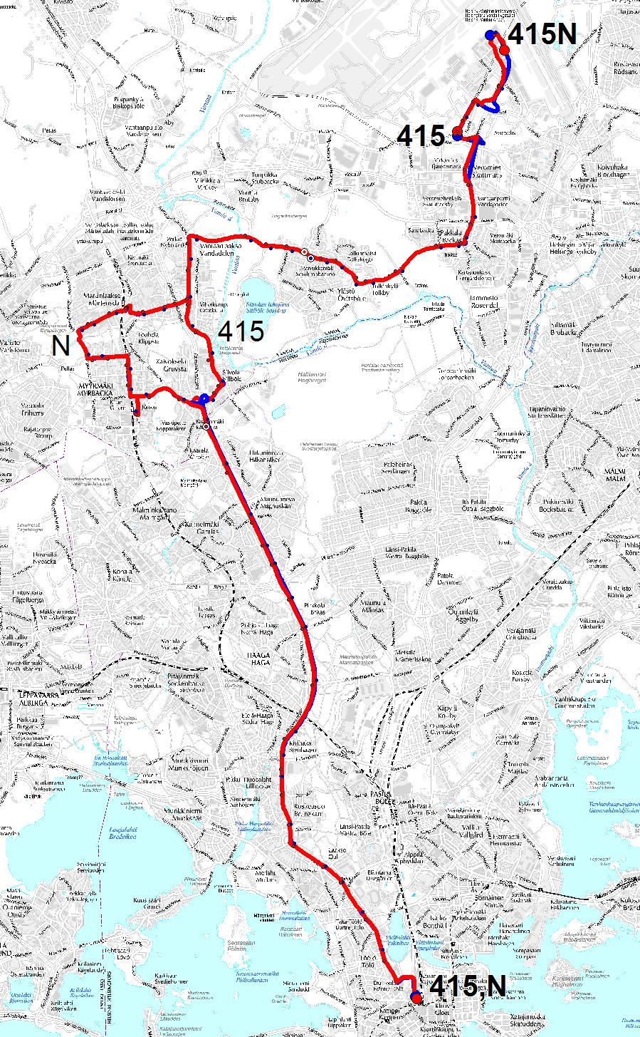 51 Vantaankosken kautta. N-vuorot korvaavat lakkautettavaa yölinjaa 400N.