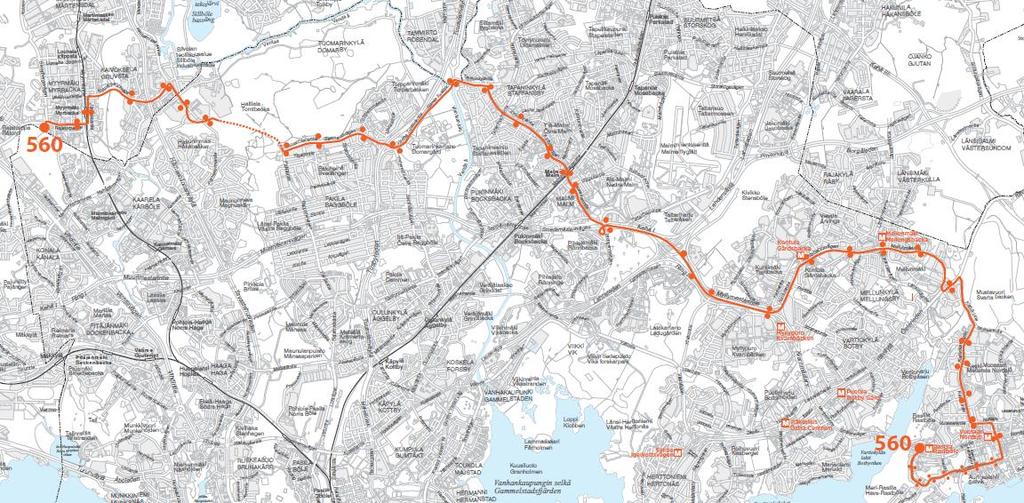 59 Kuva 60. Uuden runkolinjan 560 reitti. Linjat 611 ja V619 Helsingin sisäinen linja 70V ja seutulinja 611 yhdistetään uudeksi linjaksi 611 Rautatientori Siltamäki Suutarila Tikkurila.