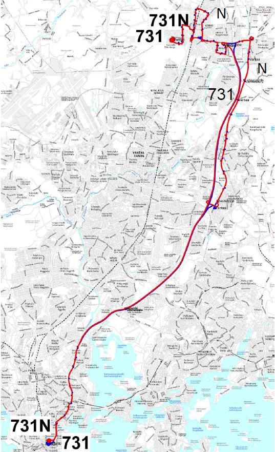 73 Linja 731 Linjan 731 perusreitti muuttuu kulkemaan Lahdenväylää Korson liittymään asti. Hiljaisen ajan liikenteessä ajetaan N-reittiä Lahdentien kautta.