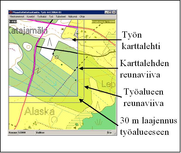 33 Kuva 8. Työalue = Karttalehtien alue + 30m. Tuotantosuunnitelmassa ohjelmisto määrittelee töille työalueen lisäksi puskurikarttalehdet.