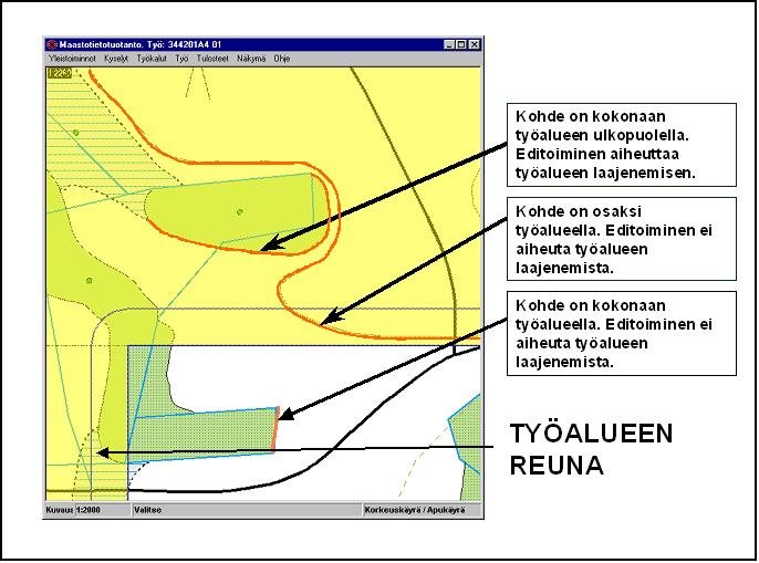 35 4.3.1 Työalueen laajeneminen Jos käyttäjä muokkaa tietokannan kohdetta, joka on kokonaan työalueen ulkopuolella, työalue laajenee.