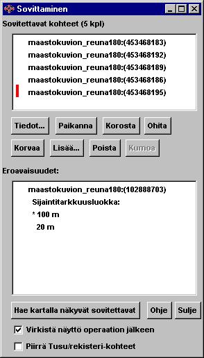 61 Kuva 20. Sovitettavien kohteiden sovittamistyökalu. Korvaaminen on sovittamistavoista yleisin. Korvaamisessa kannassa oleva nykykohde päivitetään sovitettavan kohteen ominaisuuksilla.